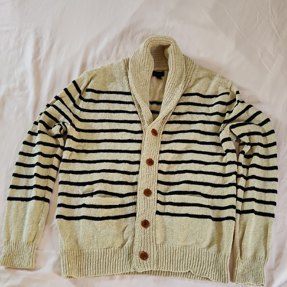 Men's J Crew Striped Cream and Navy Shawl Collar Cardigan Size Medium